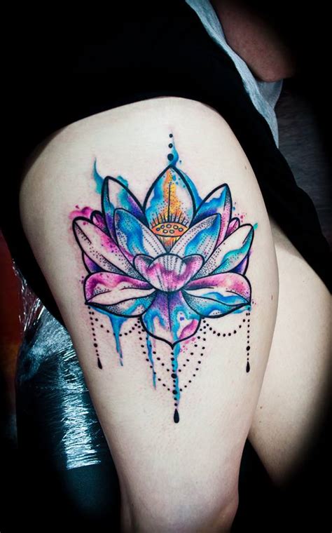 Watercolor Lotus Flower On Girls Thigh