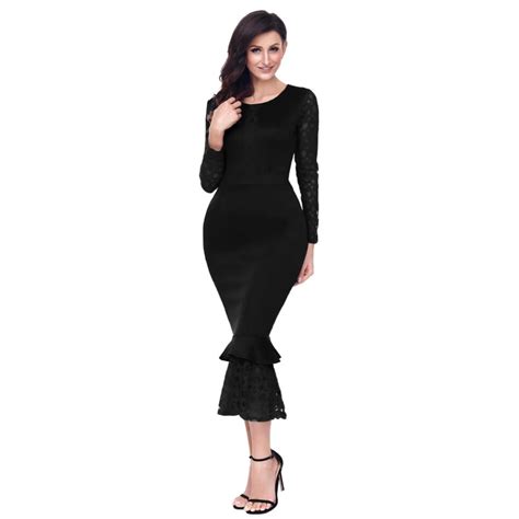 Elegant Package Hip Lady Dress Hollow Out Lace Long Sleeve Women Solid Color Female Midi Bodycon