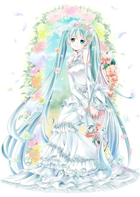 Safebooru 1girl Aqua Eyes Aqua Hair Bridal Gauntlets Dress Flower