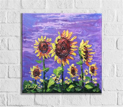 Purple Wall Art Yellow Flowers Of Sunflower Painting Impasto Acrylic