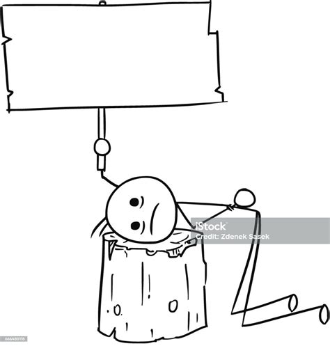 vector stick man cartoon of men with head placed on the execution block holding empty sign stock