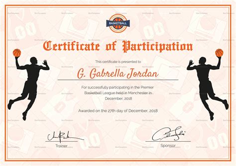 Certificate Of Basketball Participation Design Template In Psd Word In
