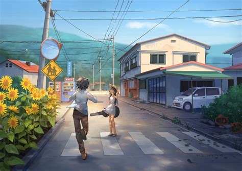 Wallpaper Anime Street Scenic Sunflower Girl And Boy