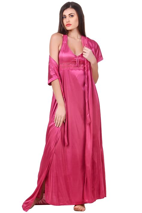 Buy Fasense Women Satin Coral Pink Nightwear 2 Pc Set Of Nighty And Wrap Online