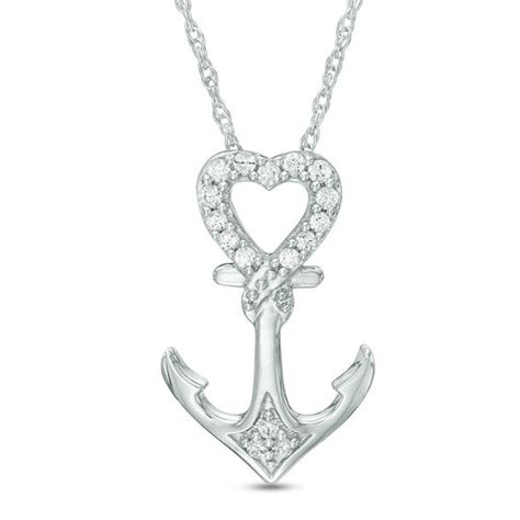 Bolo, chains, chokers, personalized, crosses, hearts, infinity 1/10 CT. T.W. Diamond Heart-Top Anchor Pendant in 10K ...