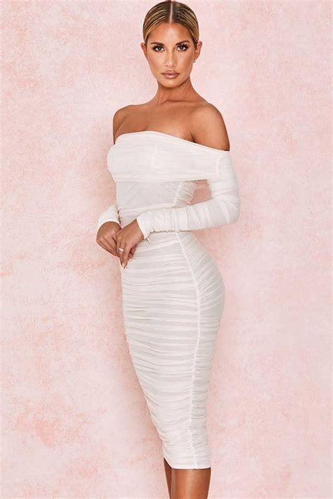Cutesove Off Shoulder Ruched Mesh Bodycon Midi Cocktail Party Dress White Cutesove