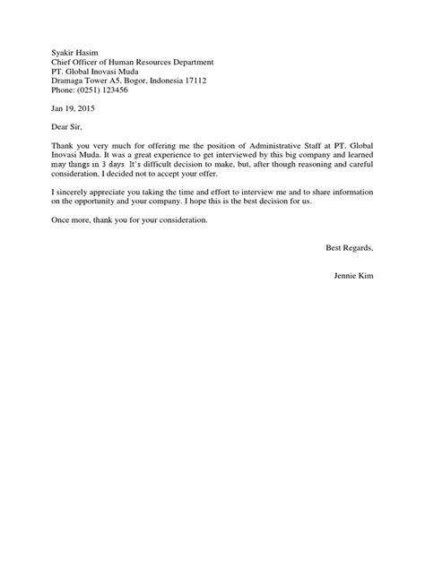 Oleh karenanya, kita kasih satu contoh surat balasan untuk menolak tawaran kerja yang profesional, yth. Surat-Menolak-Tawaran-Kerja-dalam-Bahasa-Inggris.docx