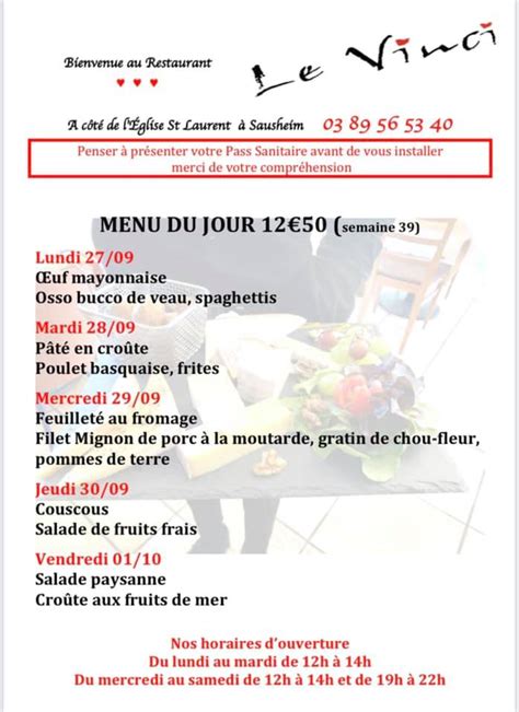Menus Du Jour Et Carte Semaine 39 Restaurant Le Vinci 68 Sausheim