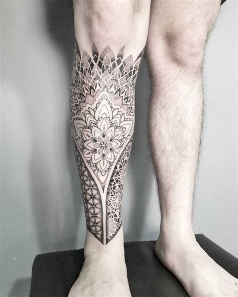 Geometric And Mandala Piece Inked On The Right Shin Cage Tattoos Belly