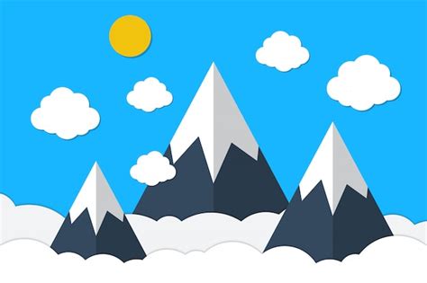 Premium Vector Blue Mountains And Sky Clouds In Paper Style