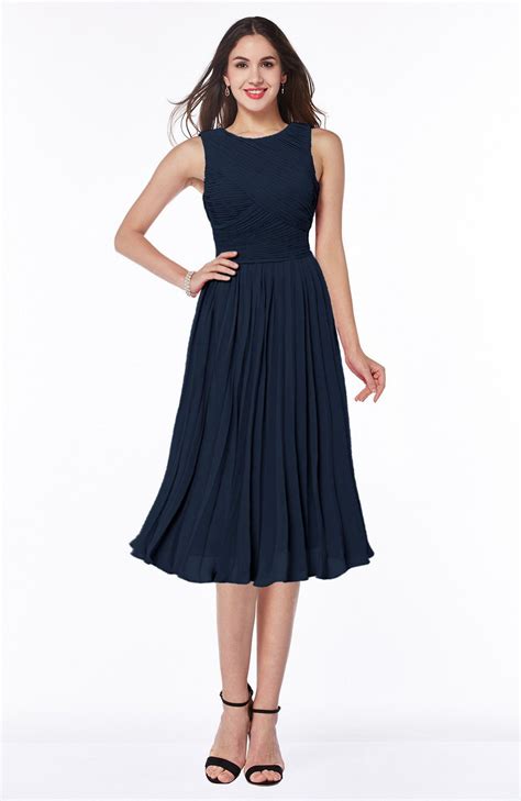 Navy Blue Bridesmaid Dress Modern A Line V Neck Sleeveless Tea Length