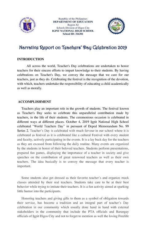 Narrative Report On Teachers Day Compress Republic Of The Philippines