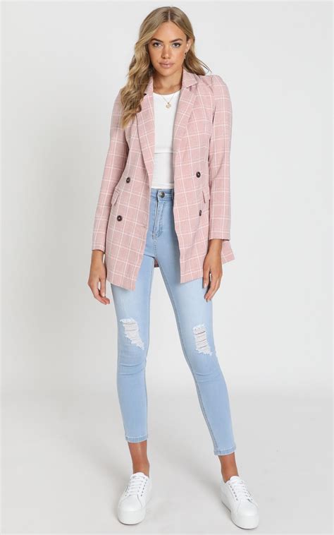 sort it out blazer in blush check showpo blazer outfits casual pink blazer outfits denim