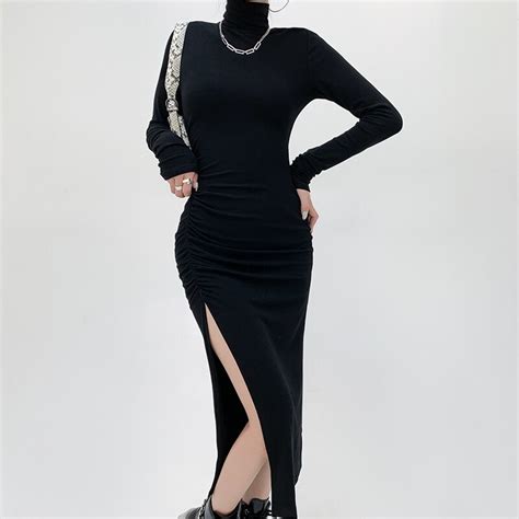 spring fashion slim sexy club party solid color turtleneck long sleeve splits skinny dresses for