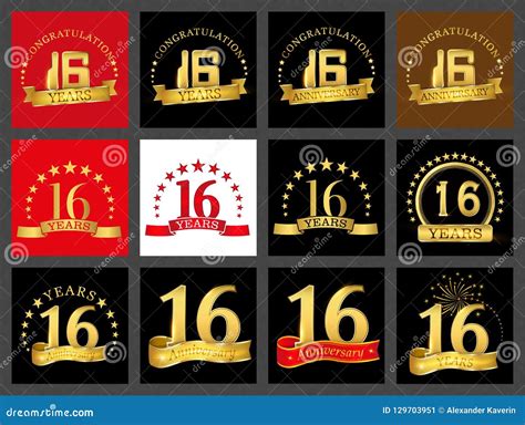 Set Of Number Sixteen 16 Years Celebration Design Anniversary Golden