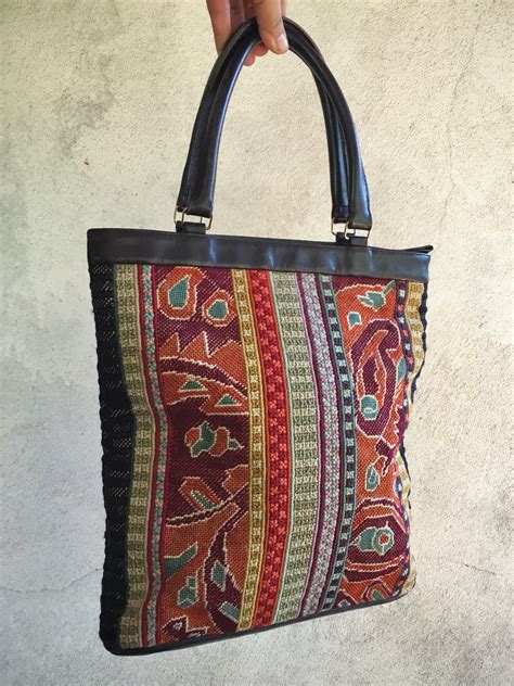 Vintage Tapestry Handbag Embroidered Purse with Leather, Colorful Textiles Shoulder Bag