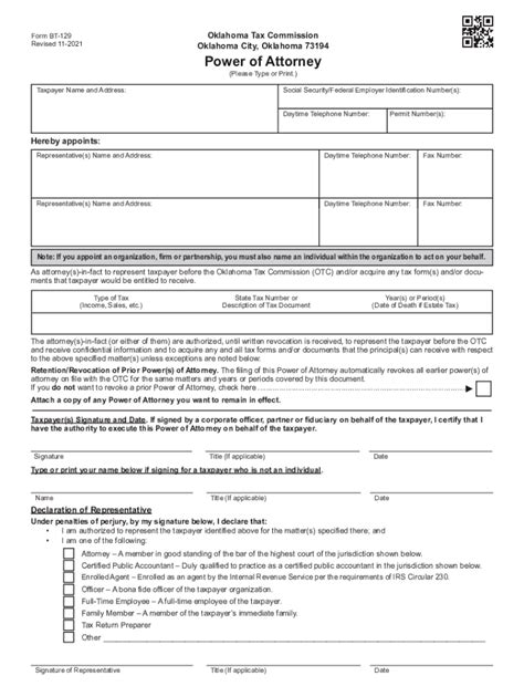 Fillable Form Bt 129 Power Of Attorney Oklahoma Tax Fill Out And Sign