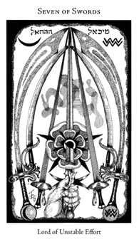 Learn what the seven of swords tarot card means in your reading! Seven of Swords card from the Golden Thread Tarot Deck