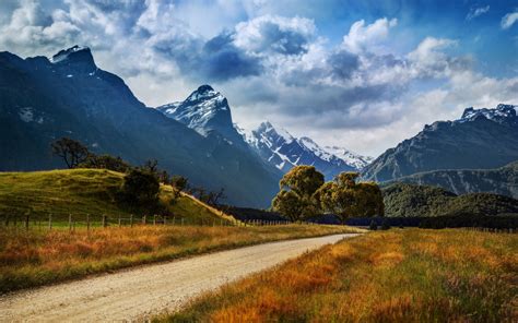 New Zealand Nature Landscape Mountains Road Trees