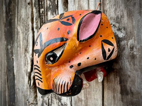 Carved Painted Vintage Mexican Wooden Mask Jaguar Tigre Mexico Folk