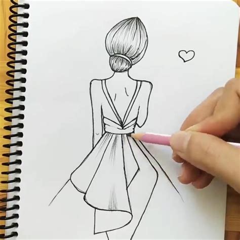 How To Draw A Girl Back Side With Beautiful Dress Easy Pencil