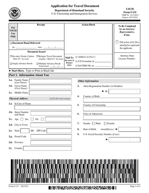 Uscis Form I 131 Download Fillable Pdf Or Fill Online Application For