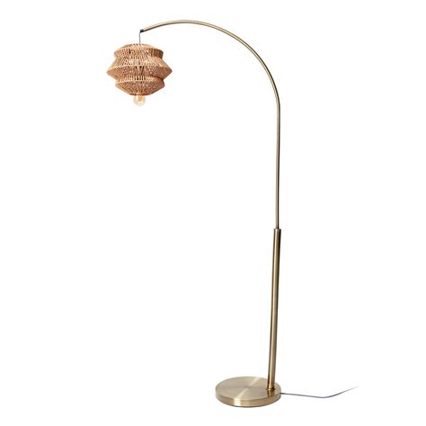 Antique Brass Arch Floor Lamp With Tiered Rattan Shade By Drew