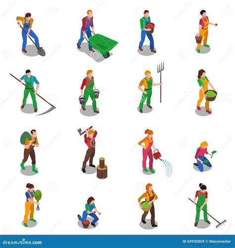Fazendeiros Nos ícones Isométricos Do Trabalho Ajustados Ilustração Do