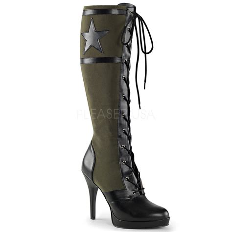 Front Lace Up Knee High Military Boot With Star And 4 Inch Spike Heel