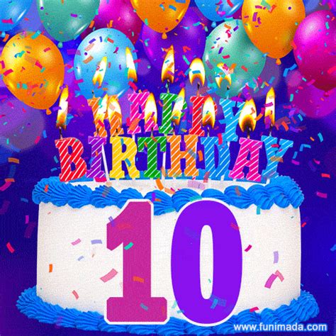 10th birthday cake colorful candles balloons confetti and number 10