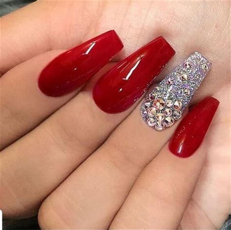 Red Glitter Acrylic Nails Coffin Tips Color Short Acrylic Nails