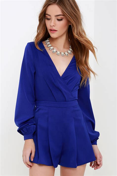 Cute Royal Blue Romper Long Sleeve Romper Pleated Romper 5400