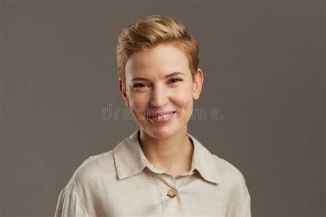 Short Haired Young Woman On Grey Stock Image Image Of Business
