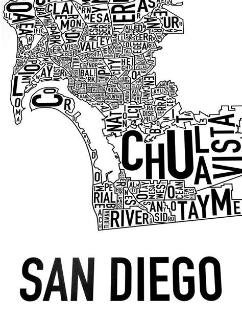 San Diego Neighborhood Map 16 X 32 Classic Black And White Poster