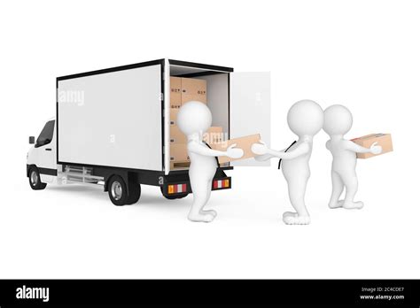 Delivery Men Persons Unloading Cardboard Parcel Boxes From Cargo Van