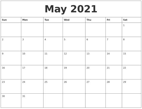 May 2021 Calendar Month