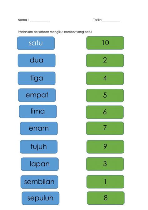 Padankan Nombor Dan Perkataan 1 10 Worksheet Operasi Tolak School