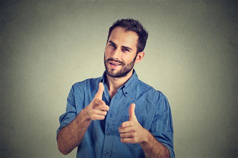 Handsome Man Giving Thumbs Up Pointing Fingers Picking You Stock Photo