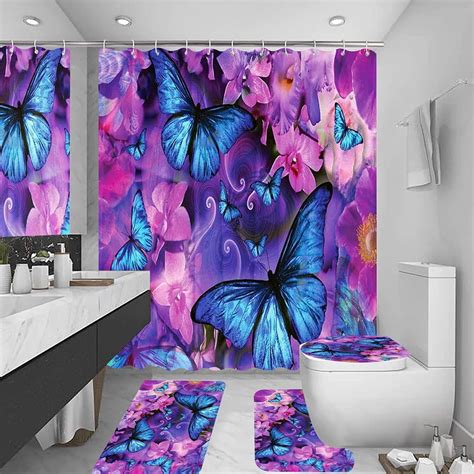 4pcs Flowers And Butterfly Shower Curtain Set With Non Slip Rugs And Toilet Lid Cover Cute