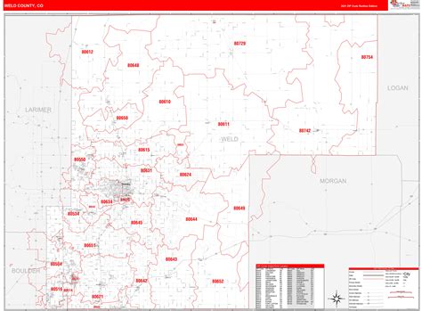 Weld County, CO Zip Code Wall Map Red Line Style by MarketMAPS - MapSales