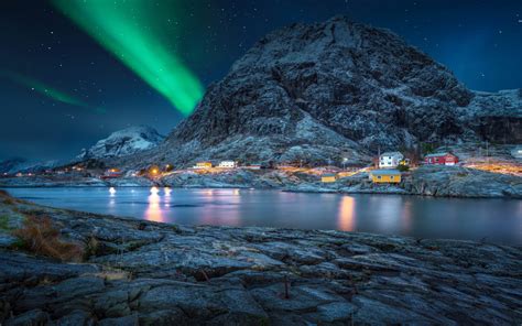 Lofoten Norway Polar Night Green Light Star Sky Night