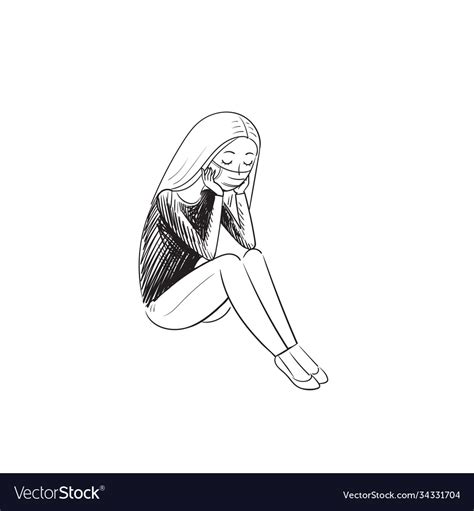 Sad Depressed Girl Sit Alone With Maskdepression Vector Image