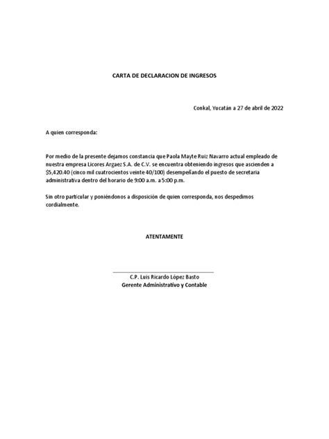 Carta De Declaracion De Ingresos Pdf