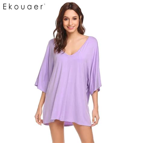 Ekouaer Loose Nightgown Women Casual V Neck Batwing Sleeve Solid Nightshirts Night Dress Lady