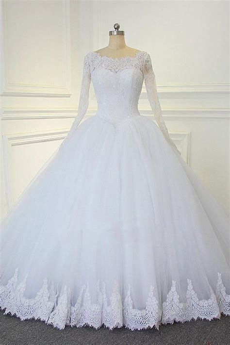 White Ball Gown Long Sleeves Bridal Dresses With Lace Gorgeous Wedding Dresses N Long