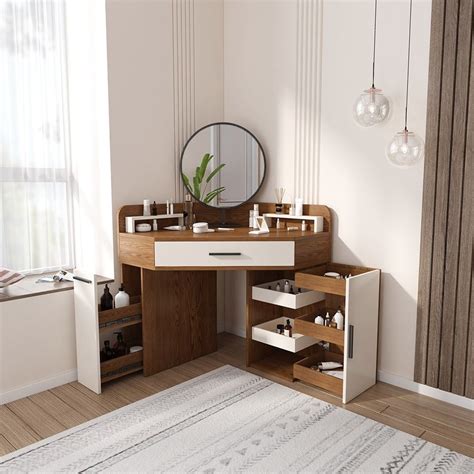 Corner Makeup Vanity with Drawer & Side Cabinet Multifunctional