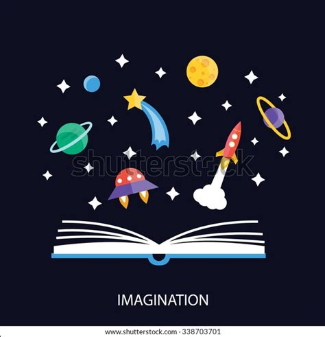 Imagination Concept Opened Book Rocket Planets Stock Vector Royalty