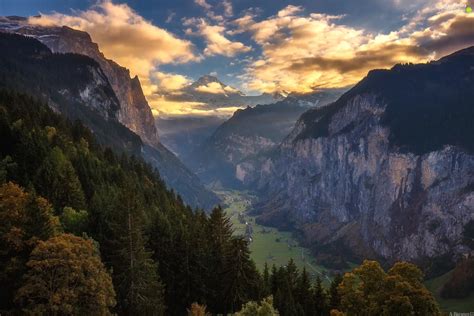 Lauterbrunnental Valley Alps Mountains Sunrise Trees Clouds Canton