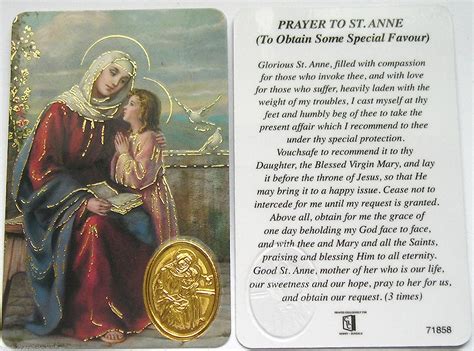 St Anne Laminated Prayer Card Gold Foil Medal And Highights