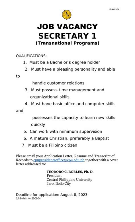 job vacancy secretary 1 transnational programs central philippine university